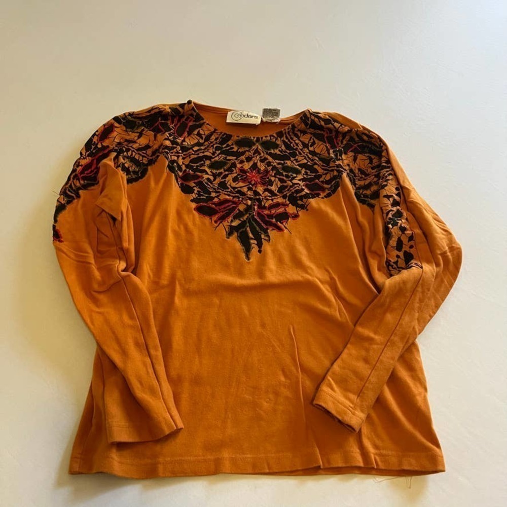 CEDARS orange black embroidered cotton top M